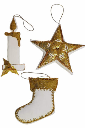 Christmas Decoration set Stocking, Star and Candle White/Gold – Hand Made