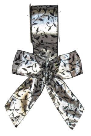 Ribbon Silver Satin with Black Flocked Leaf Design