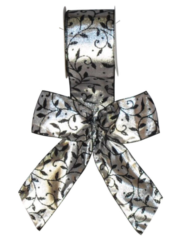 Ribbon Silver Satin with Black Flocked Leaf Design
